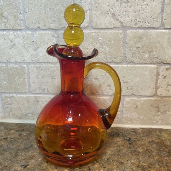 VTG Ruby Red Amberina Glass Curet 7" Hand Blown Art Glass Double‎ Ball Stopper - Picture 1 of 8